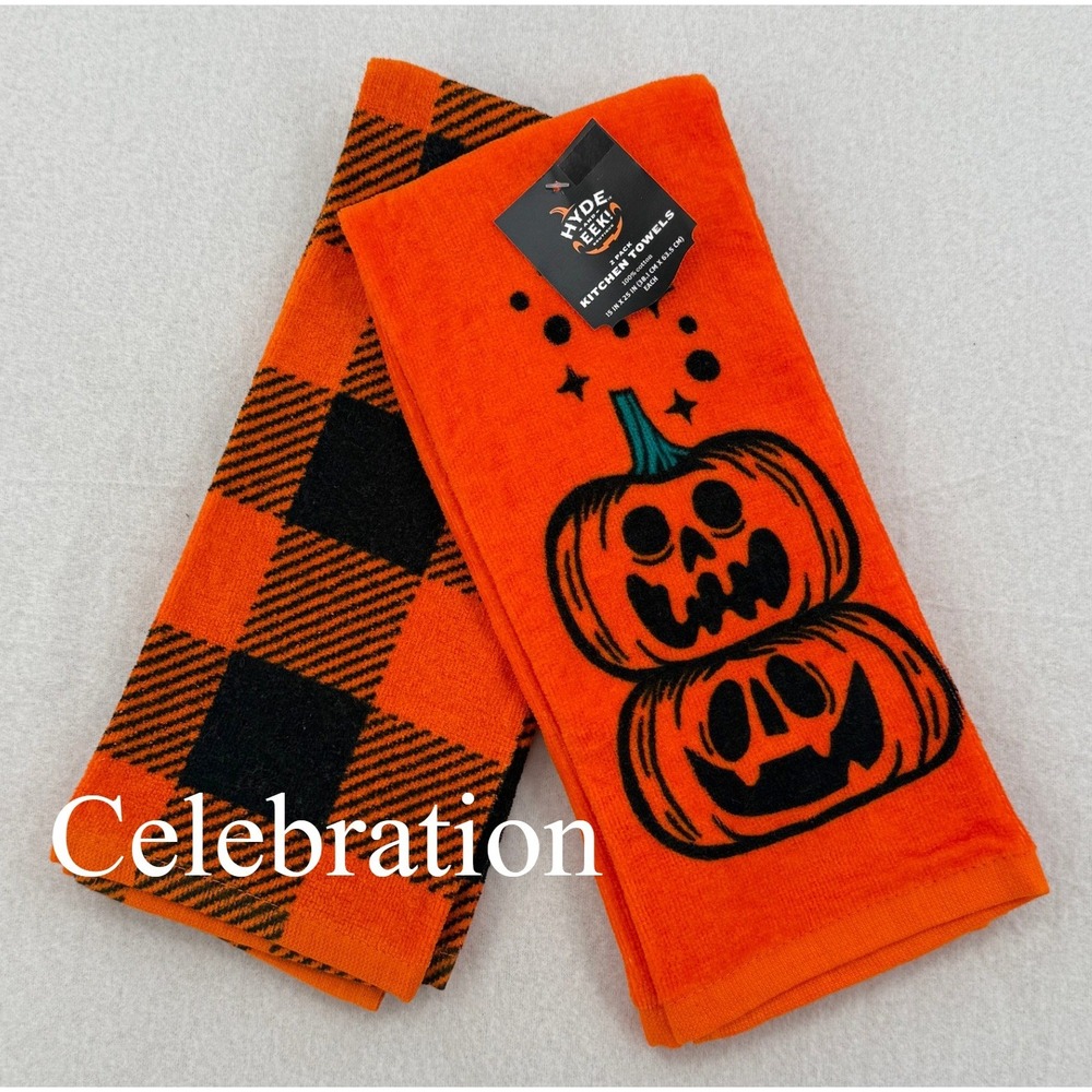 Hyde and Eek Halloween Kitchen Towels 2 Pack Orange Pumpkin Buffalo Plaid Cotton